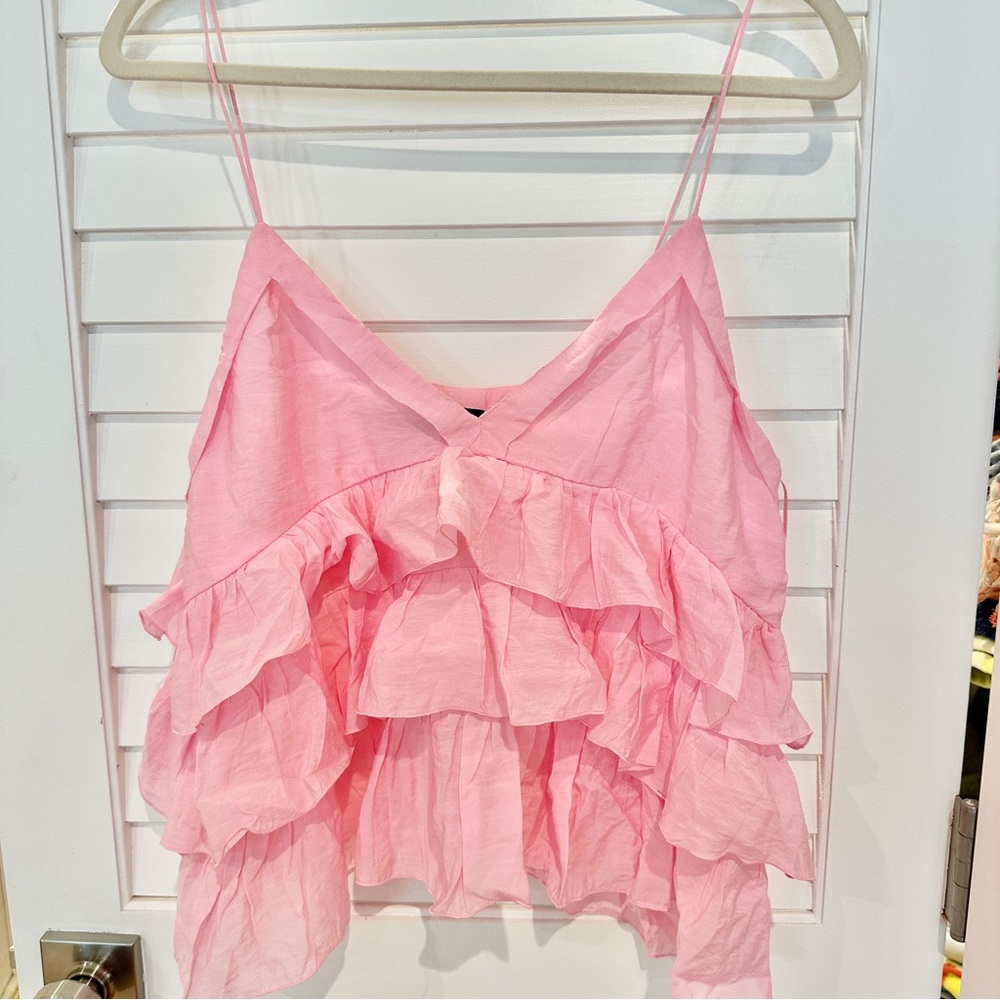 New Zara Pink Ruffle Spaghetti Strap Top Sz L Tiered Lightweight Shirt Tank